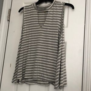 gray and white striped top